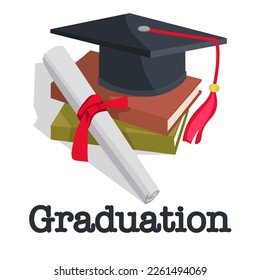 Class 2023 badge design template in black and red colors. Congratulations to graduates 2023 banner sticker postcard with academic hat, diploma for graduation from high school or college