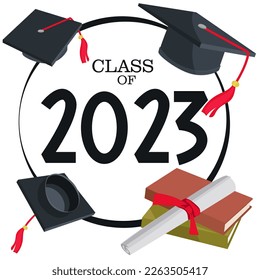 Class 2023 badge design template in black and red colors. Congratulations to graduates 2023 banner sticker postcard with academic hat, diploma for graduation from high school or college