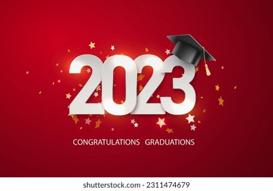 Class of 2023 badge design template. Congratulations graduates 2023 banner sticker card with academic hat for high school or college graduation. Vector.