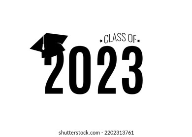 Class of 2023. Black number with education academic caps. Template for graduation design, high school or college congratulation graduate, yearbook. Vector illustration.