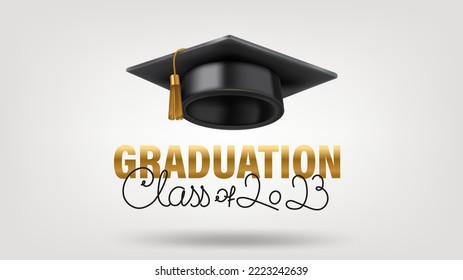 Class of 2023 concept with graruation cap and lettering inscription. 3d vector icon isolated on white background