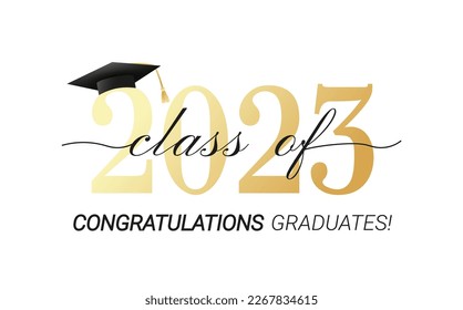 Class of 2023. Congratulations graduates with black and gold design isolated on white background for banner, greeting card, stamp, logo, print, invitation.Graduation event concept. Vector illustration