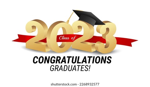 Clase de 2023. Felicidades a los graduados por el concepto de graduación de oro con texto 3d y elementos decorativos. Plantilla de diseño de tipografía de graduación. Graduados de felicitaciones Ilustración vectorial de estilo plano