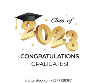 Clase de 2023. Felicidades a los graduados por el concepto de graduación de oro con texto 3d y elementos decorativos. Plantilla de diseño de tipografía de graduación. Graduados de felicitaciones Ilustración vectorial de estilo plano