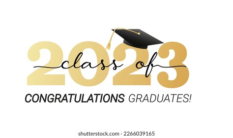 Class of 2023. Congratulations graduates graduation concept for banner, greeting card, stamp, logo, print, invitation. Graduation gold typography design template. Flat style vector illustration