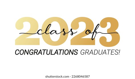 Clase de 2023. Felicitaciones a los graduados concepto de graduación para banner, tarjeta de saludo, sello, logo, impresión, invitación. Plantilla de diseño de tipografía de oro de graduación. Ilustración vectorial de estilo plano