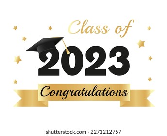 Class of 2023. Congratulations graduates graduation concept for banner, greeting card, stamp, logo, print, invitation. Graduation gold typography design template. Flat style vector illustration