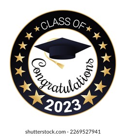 Class of 2023. Congratulations graduates logo design. Graduation design template for badge, banner, sticker, invitation, ceremony etc. Flat style vector illustration