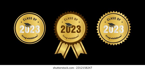 Class of 2023 congratulations graduation award emblem design template. Gold mortarboard icon with class of 2023 vector in black background