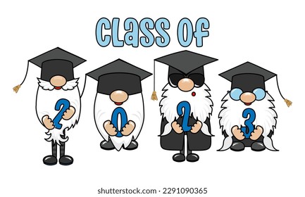 Class of 2023 - Cute smiling happy trolls with diploma. Cartoon character in Scandinavian style. Congratulation graduates. Good for t-shirt, mug, gift. Nordic gnomes.