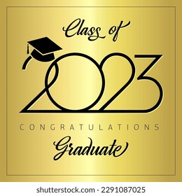Class of 2023 diploma design. Graduation golden greeting card concept with vintage cursive and creative logo 2023. Elegant style typography.