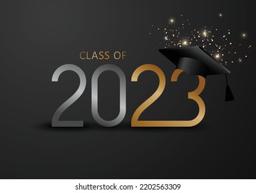 Class of 2023, elegant card in black, gold for banners, flyers, greetings, invitations, business diaries, congratulations and posters at the prom. Vector illustration. Graduation, class of 2023