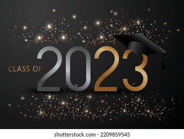 Class of 2023, elegant card in black, gold for banners, flyers, greetings, invitations, business diaries, congratulations and posters at the prom. Vector illustration. Graduation, class of 2023