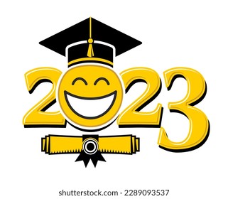 Clase de 2023. Sonrisa emoticono en la gorra de graduación. Plantilla para saludo, fiesta de graduación de la tarjeta de invitación.  Vector en fondo transparente