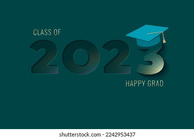Class of 2023 Fading and Cut Numerals Logo with Square Academic Cap Golden Halftone Effect and Happy Grad Lettering - Blue and Gold on Turquoise Background - Vector Mixed Graphic Design
