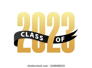 Class of 2023 Gold Lettering Graduation 3d logo with ribbon. Template for graduation design, party, high school or college graduate, yearbook. Vector illustration