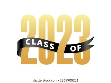 Class of 2023 Gold Lettering Graduation 3d logo with ribbon. Template for graduation design, party, high school or college graduate, yearbook. Vector illustration