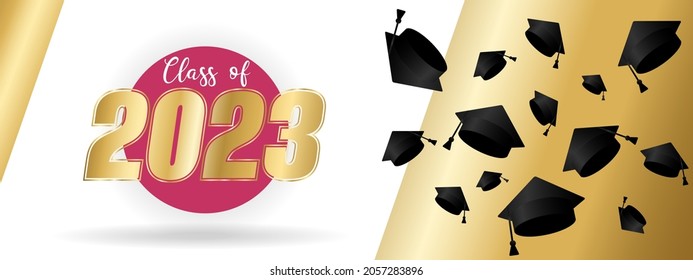 Class of 2023. Gold number on pink round sticker, 3d black education academic cap. Template for graduation design frame, high school, college congratulation graduate. Vector illustration.