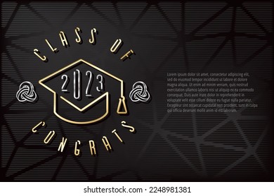 Class of 2023 Gold and Silver Style Square Academic Graduation Cap Combined with Single Line Numerals Logo Lettering - Golden on Turquoise Background - Vector Gradient Graphic Design