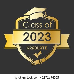 Class of 2023. The graduate's emblem with a cap and a scroll. Vector illustration for diploma, certificate, thematic and creative design