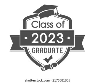 Clase de 2023. Emblema del graduado con una gorra y un pergamino. Ilustración vectorial de diploma, certificado, diseño temático y creativo