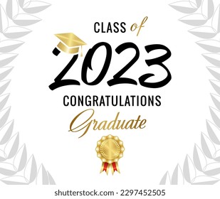 Class of 2023 graduating banner design. Certificate or diploma template. Handwritten style number 20 23, golden medal, palm frame. Typographic concept. Awards rosette. Isolated elements. Creative logo