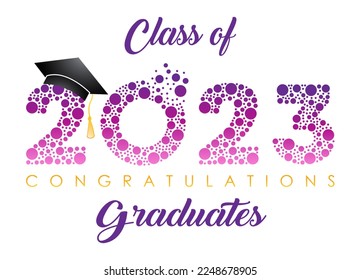 Class of 2023 Graduation Banner with Cap Hat, Purple Confetti Concept. Vector illustration.