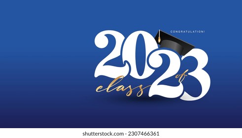 Class of 2023 with graduation cap. Congrats Graduation 2023 calligraphy lettering. Template vector for design party high school or college, graduate invitations or banner, web site, poster, symbols.