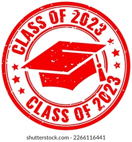 Class of 2023 graduation ceremony rubber stamp isolated on white background, education academic design for yearbook or prom invitation.