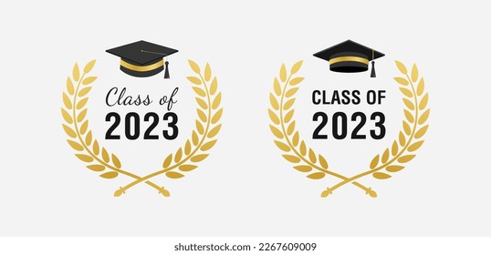 Class of 2023 graduation design template, Set graduation cap with laurel wreath in gold color