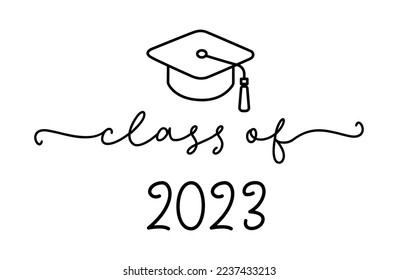 CLASS OF 2023. Graduation logo with cap and diploma for high school, college graduate. Template for graduation design, party. Hand drawn font for yearbook class of 2023. Vector illustration.