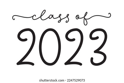 CLASS OF 2023. Graduation logo with cap and diploma for high school, college graduate. Template for graduation design, party. Hand drawn font for yearbook class of 2023. Vector illustration.