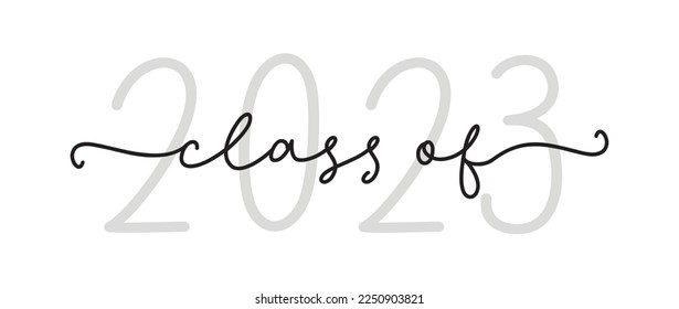 CLASS OF 2023. Graduation logo with cap and diploma for high school, college graduate. Template for graduation design, party. Hand drawn font for yearbook class of 2023. Vector illustration.