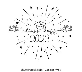 Class of 2023. Graduation logo with cap and diploma for high school, college graduate. Template for graduation design, party. Hand drawn logo for yearbook class of 2023. Vector grad illustration.