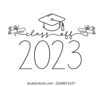 Klasse 2023. Graduations-Logo mit Oberteil und Diplom für High School, College-Absolvent. Vorlage für Graduierung Design, Party. Handgezeichnetes Logo für die Jahrbuchklasse 2023. Vektorgrafik.