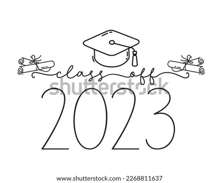 Class of 2023. Graduation logo with cap and diploma for high school, college graduate. Template for graduation design, party. Hand drawn logo for yearbook class of 2023. Vector grad illustration.