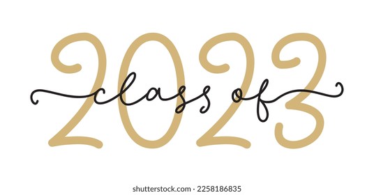 Clase de 2023. Logo de graduación para la escuela secundaria, graduado universitario. Plantilla para diseño de graduación, fiesta. Fuente dibujada a mano para la clase de anuarios de 2023. Ilustración de color negro y oro vectorial.