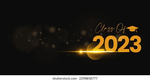 "Class of 2023" greeting sign with gold flare. Congrats Graduated. Congratulations Class of 2023. Isolated vector text for graduation design, greeting card, poster, invitation