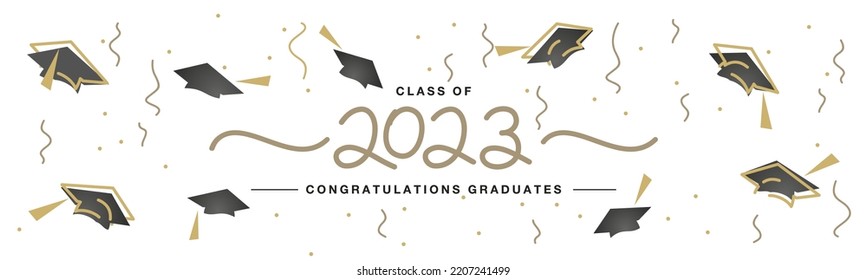Class of 2023 handwritten typography lettering. Congratulations graduates. line design gold black caps white isolated background, banner design