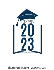 Class of 2023 holiday. Blue number, education academic cap and open book on white background. Template for graduation design frame, high school, college congratulation graduate. Vector illustration.