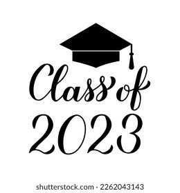 Class of 2023 lettering with graduation cap isolated on white. Congratulations to graduates typography poster.  Vector template for greeting card, banner, sticker, label, t-shirt, etc. 