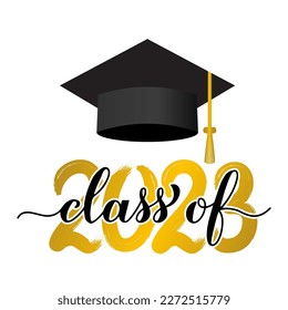 Class of 2023 lettering with graduation hat. Congratulations to graduates typography poster. Easy to edit vector template for greeting card, banner, label, shirt, etc. 