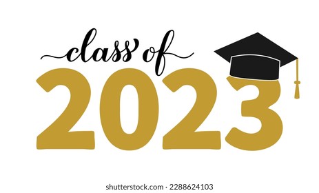 Class of 2023 lettering with graduation hat isolated on white. Congratulations to graduates typography poster.  Vector template for greeting card, sticker, banner, label, shirt, etc. 