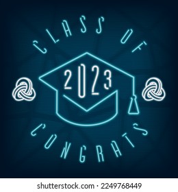 Class of 2023 Logo with Neon Sign Style Square Academic Graduation Cap Single Line Numerals and Lettering - Turquoise on Dark Background - Vector Gradient Graphic Design
