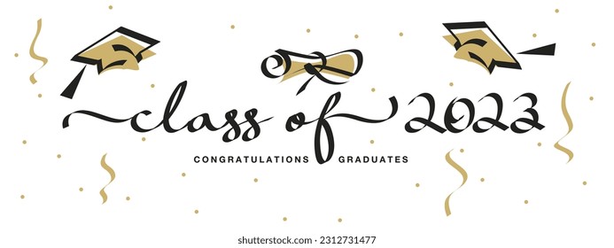 Clase de 2023. Nuevos y modernos equipos de caligrafía escrita a mano. Felicitaciones a los graduados. Banner de diseño de fondo blanco negro dorado