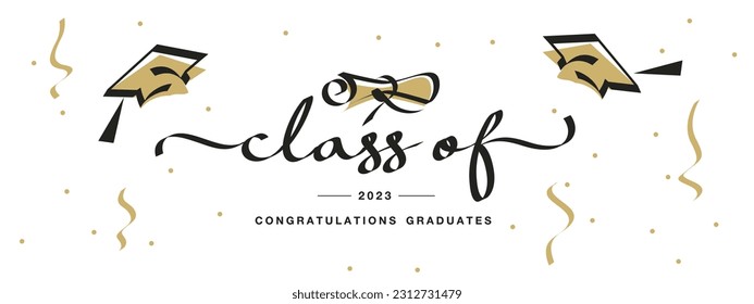 Class of 2023. New unique modern handwritten calligraphy text. Design banner in gold black white background