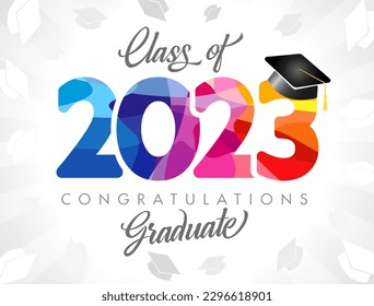 Class of 2023 number logo. Graduation banner. Prom invitation design. Greeting card concept with stained glass colorful sign 20 23. Graduating background. Mortar board 3D cap. Creative typography.