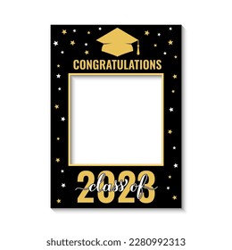 Class of 2023 photo booth frame isolated on white. Graduation party photobooth props. Grad celebration selfie frame.  Vector template. 