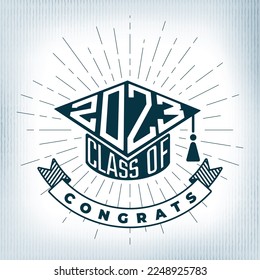 Class of 2023 Polygonal Numerals Logo Combined with Square Academic Graduation Cap Shape Sign and Congrats Lettering - Blue and Gold on White Background - Vector Contrast Graphic Design