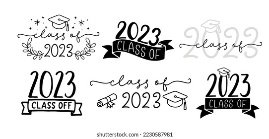 CLASS OF 2023 set of graduation logo with cap and diploma for high school, college graduate. Template for graduation design, party. Hand drawn font for yearbook class of 2023. Vector illustration.